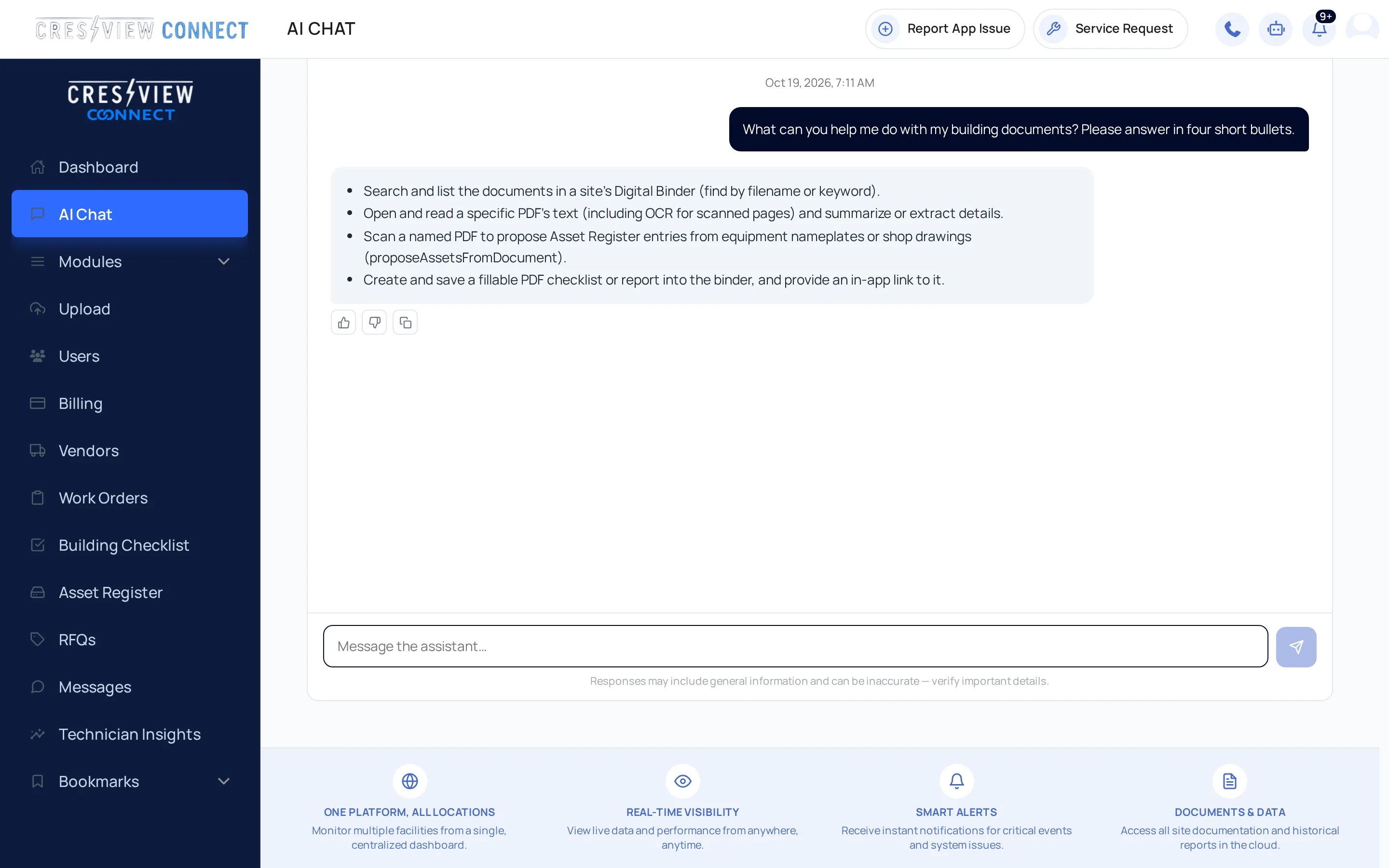 AI Assistant in Connect, with building context and a conversation area