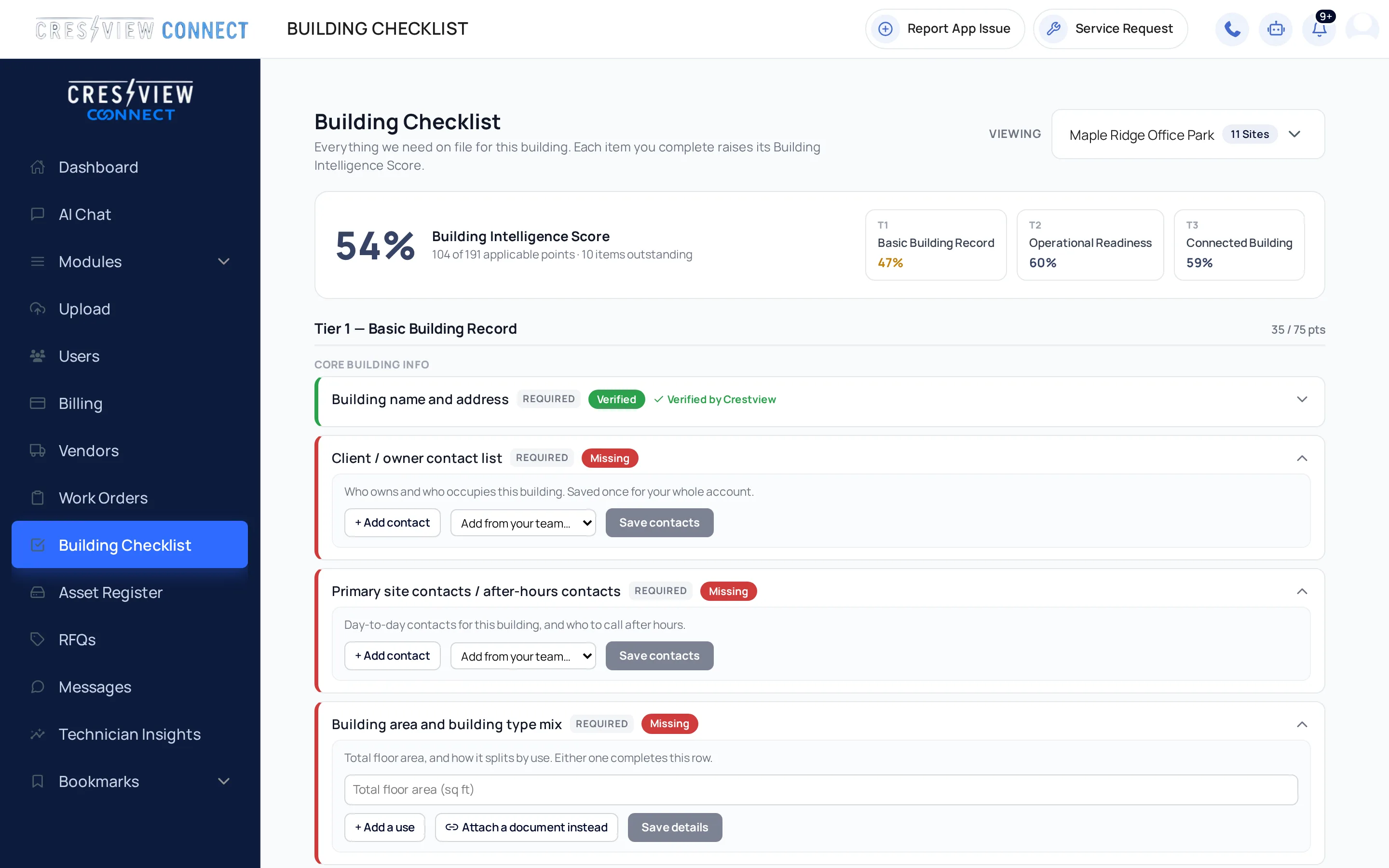 Building Checklist showing information categories and record completeness
